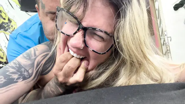 Nerdy girl feels the cuckold's cock for the first time in her face, mouth and ass