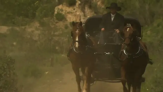 Carriage Sex in the Wild West - Curly Brunette in a Corset Rides Cock
