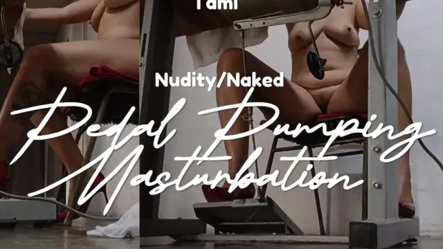 Completely Naked, Wearing Only Stiletto Heels, Pumping the Pedal of a Sewing Machine