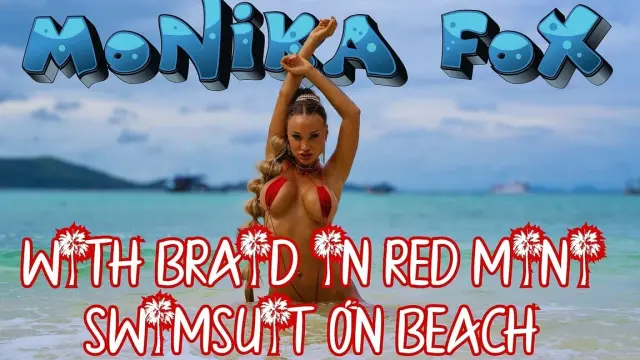 Hot Monika Fox with Braid in Red Mini Swimsuit on Beach!